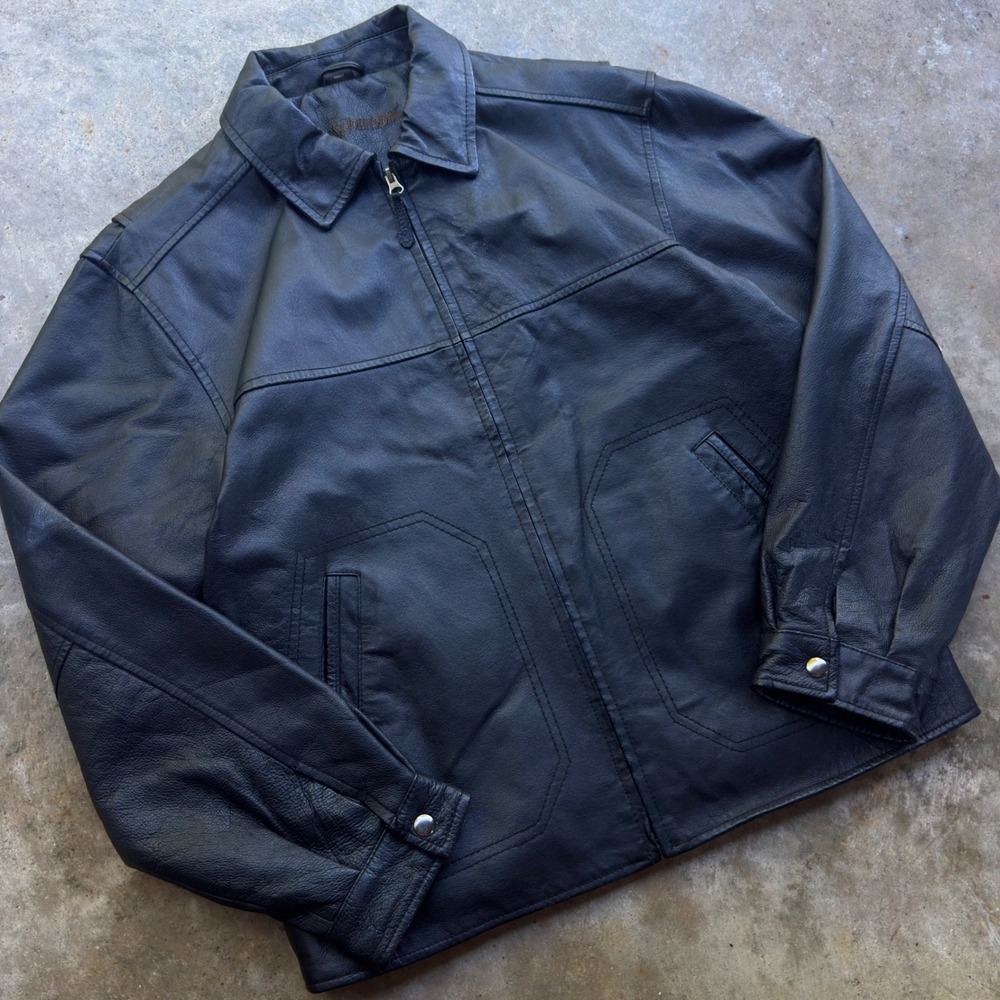 Vintage 90s St Johns Bay Leather Jacket Preppy Bomber Black Medium (F10)